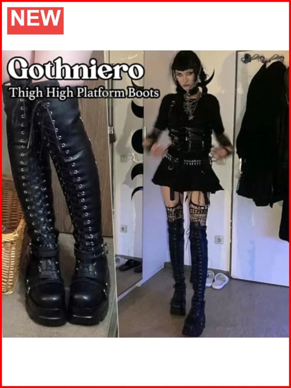 Platform Over Knee Thigh High Boots Chunky Heel Buckle Side Zip Faux Leather